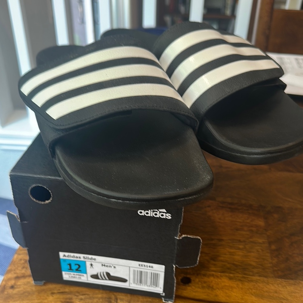 Adidas Black and White Striped Slides. New with box.